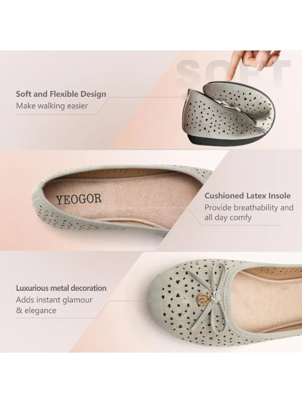 Women's Grey Comfortable Slip on Round Toe Casual Ballet Flat Shoes for Walking